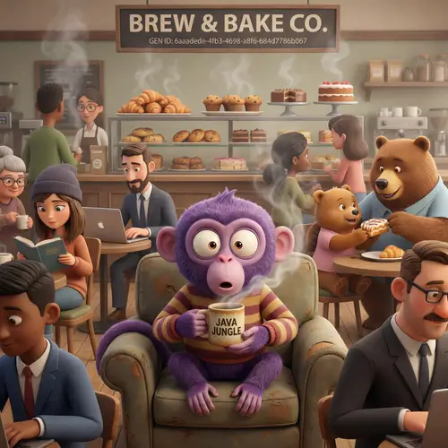 Animated Purple Monkey in a Bustling Coffee Shop