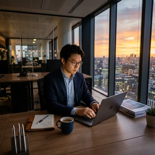 Professional Asian Male Composing Email in Modern Office Setting