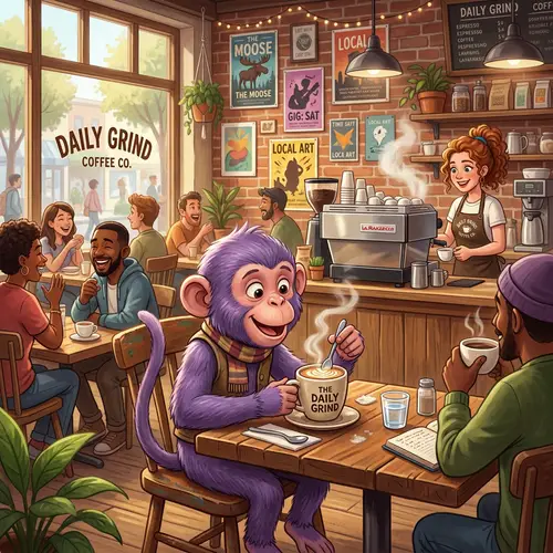 Playful Purple Monkey in Vibrant Coffee Shop Scene