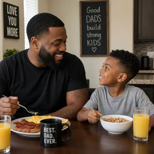 Black Dad Enjoys Breakfast with His Son