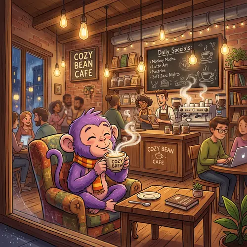 Whimsical Purple Monkey Enjoying Cappuccino in Cozy Coffee Shop