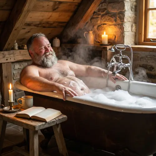 Handsome Mature Man Enjoying Bath in Vintage Tub