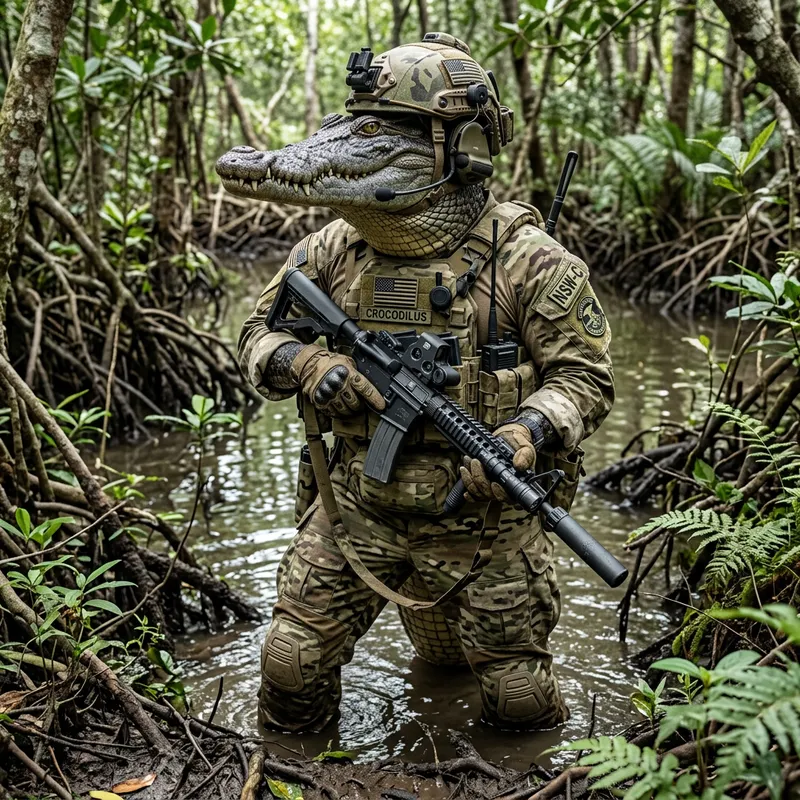 Crocodile in Navy Seal Uniform Holding Rifle