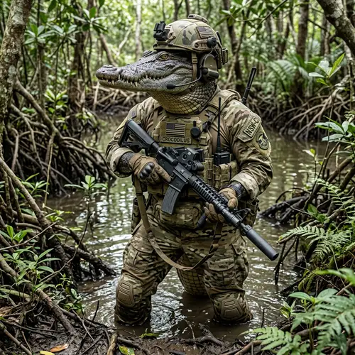 Crocodile in Navy Seal Uniform Holding Rifle