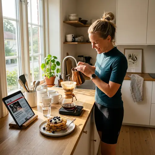 Scandinavian Cyclist Woman Brewing Coffee in Minimalist Kitchen