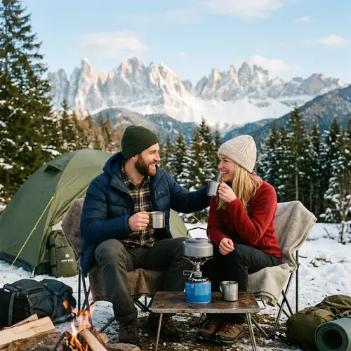 Serene Camping Trip with Happy Caucasian Couple Near Snowy Mountain
