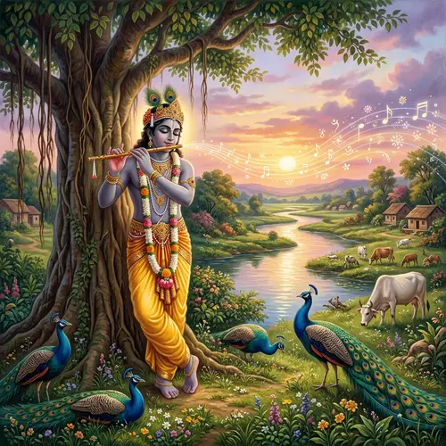 Krishna Playing Flute in Serene Landscape