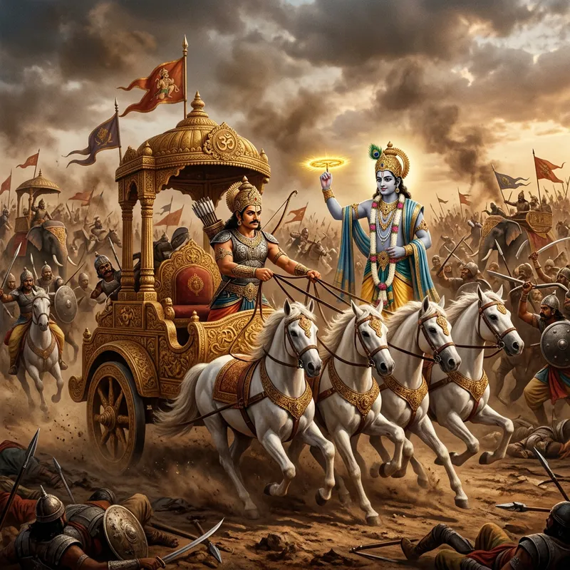 Krishna and Arjuna's Epic Chariot Scene in Kurukshetra Field