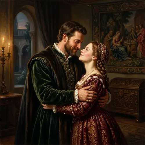 Renaissance Style Oil Painting of Passionate Embrace
