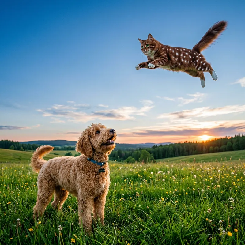 Charming Golden Doodle and Flying Cat in Fantasy Sky - Magical Illustration