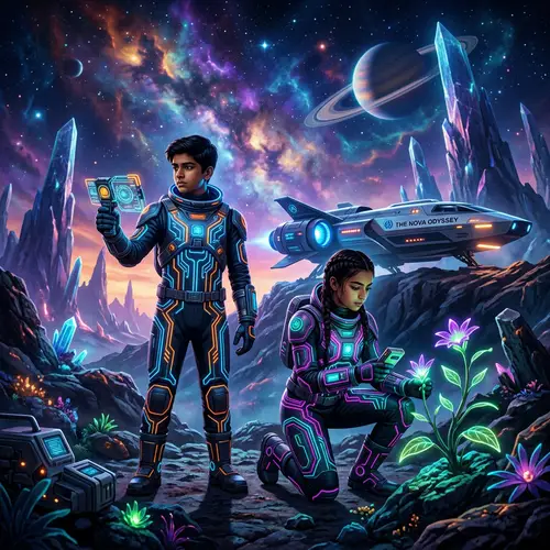 Cyberpunk Space Travelers: Boy and Girl Explorers