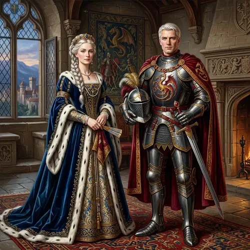Medieval Royal Family Portrayal: Woman in Court Attire with Graceful Air, King in Elaborate Armor