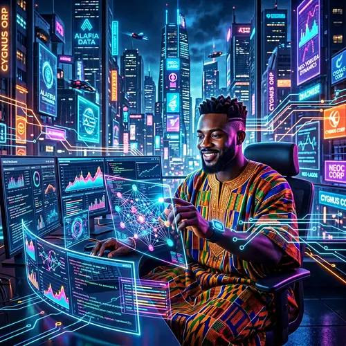 Futuristic Data Analysis in Cyberpunk Cityscape | Cultural Fusion