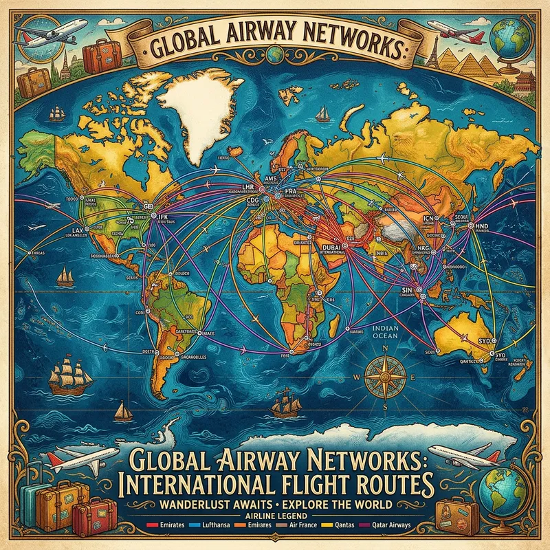 Detailed International Flight Routes Map with Vibrant Colors