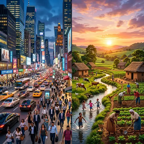 City and Village Life Contrast: Skyscrapers vs Rolling Hills