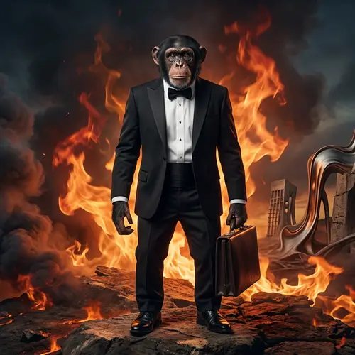 Chimpanzee in Tuxedo Holding Briefcase - Surreal Wild vs Civilized Image