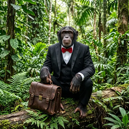 Sophisticated Chimpanzee in Black Tuxedo with Red Bow Tie