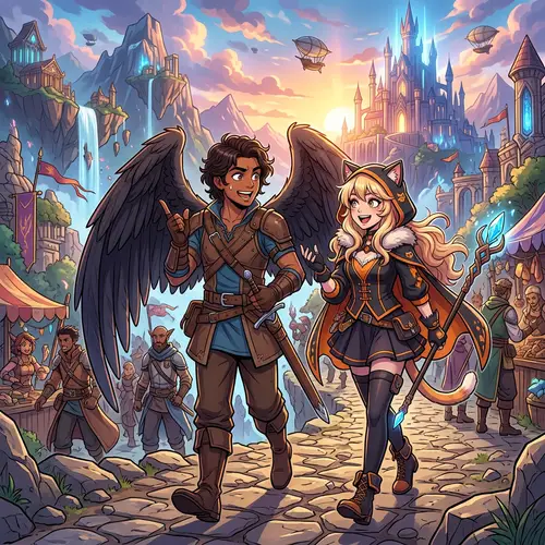 Fantasy Anime Art: South Asian Man with Wings and Blonde Woman in Cat-themed Attire