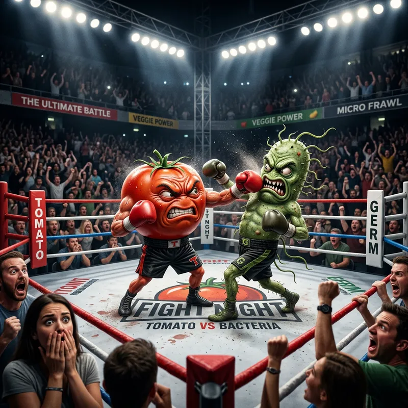 Angry Tomato vs Bacteria: Epic Boxing Battle Scene Angry Tomato vs Bacteria: Epic Boxing Battle Scene