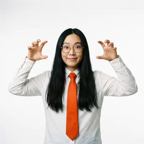 Asian Woman in White Shirt with Glasses & Orange Tie