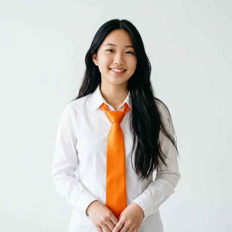 Asian Girl with Long Black Hair | White Shirt & Orange Tie