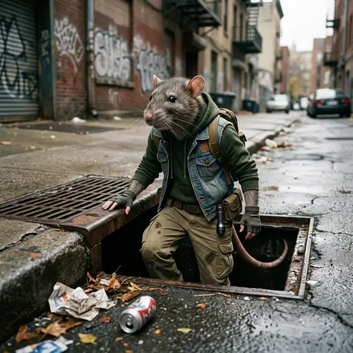Furry Anthropomorphic Rat Emerging from Storm Drain