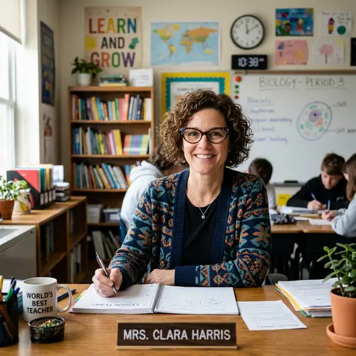 Stylish Mid-Aged Teacher with Curly Hair and Glasses