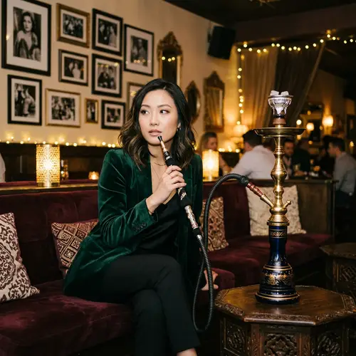 Elegant East Asian Model in Cozy Hookah Lounge