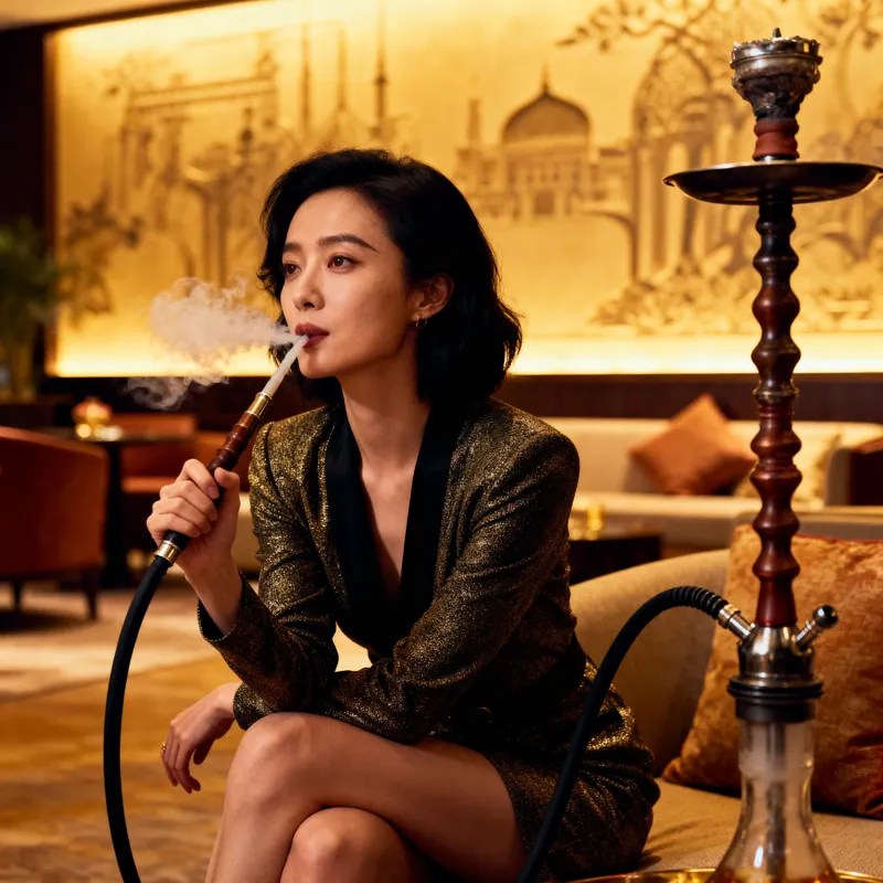 Elegant East Asian Model in Cozy Hookah Lounge