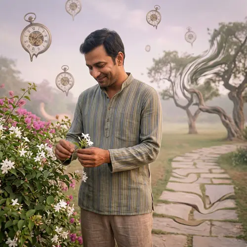 Surrealistic Scene: South Asian Man Tenderly Breaking Blooming Flowers