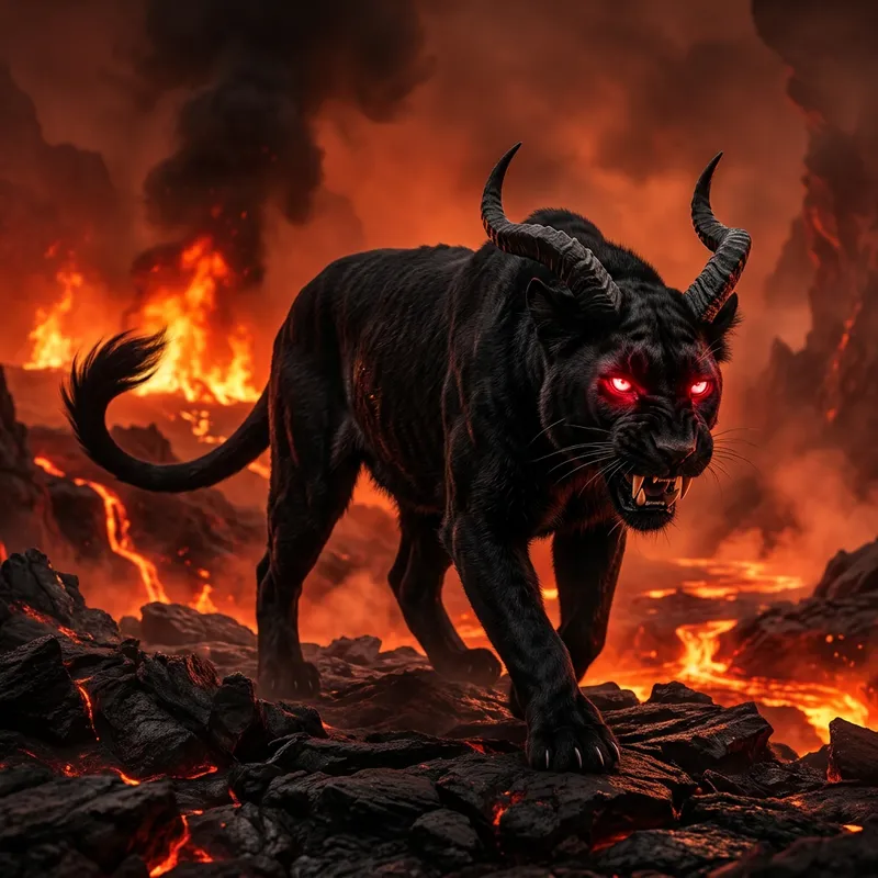 Diabolical Cat-Demon Hybrid in Hellish Realm