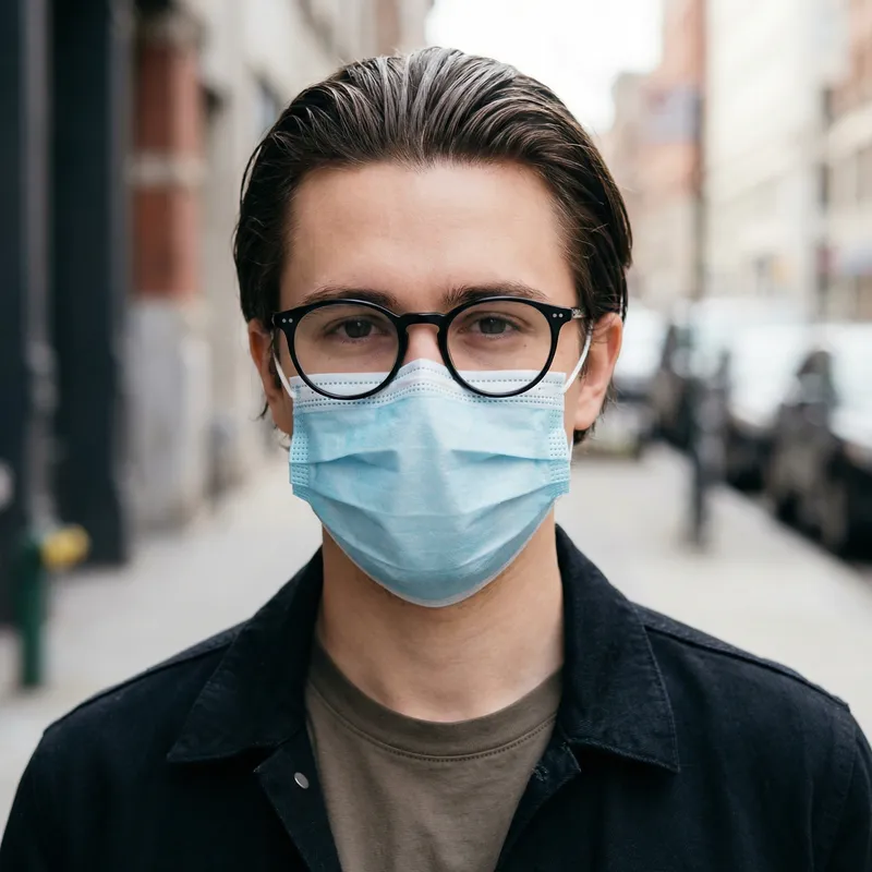 Average Young Man with Stylish Glasses and Surgical Mask