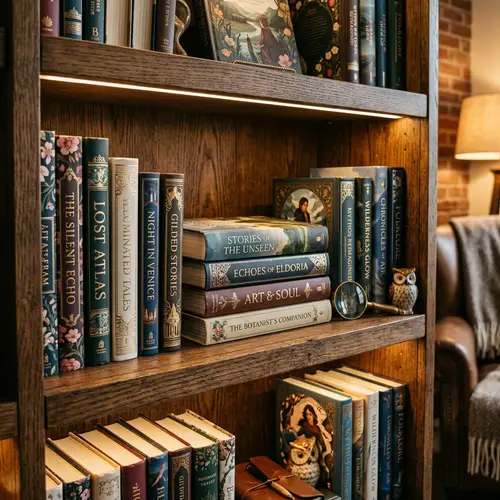 Professional Book Illustrations on Wooden Bookshelf