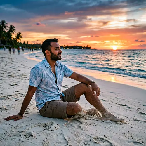 South Asian Man Relaxing on the Beach at Sunset
