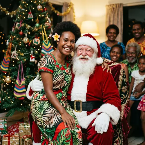 Melanesian Woman Sitting on Jolly Santa's Lap