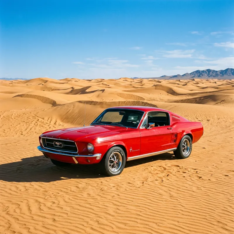 Vintage Red Ford Mustang in Desert | Tranquil Scene with Shimmering Beauty