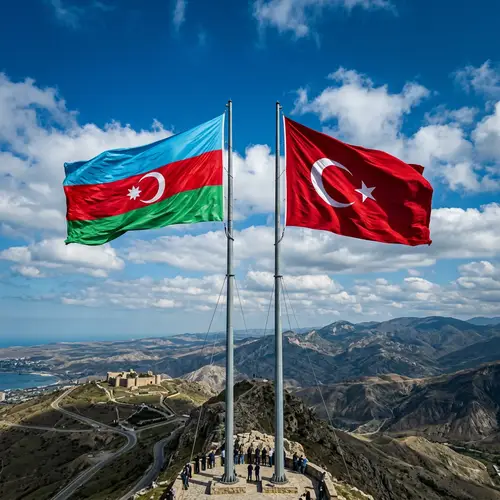 Azerbaijani and Turkish Flags Waving Proudly - Vibrant 4K Aerial View
