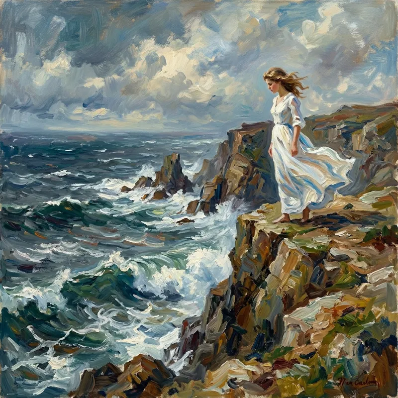 Capturing the Raw Power of Nature: Young Woman on Cliff with Flowing White Dress | Impressionist Style