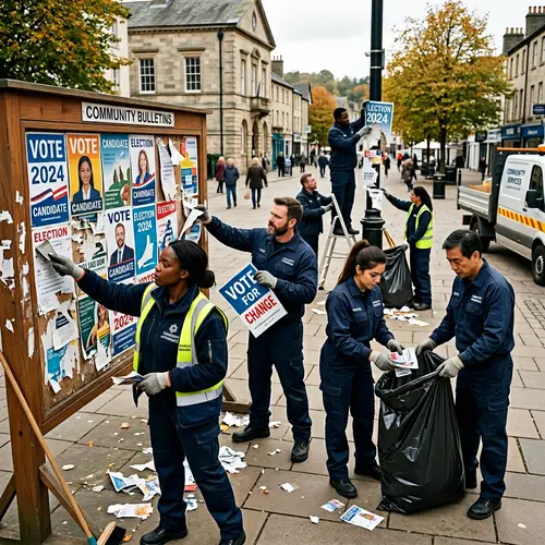 Diverse Civil Servants Clearing Campaign Posters | 2024 Elections