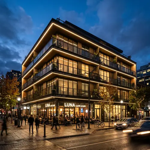 Four Story Building with Striking Strip Lights