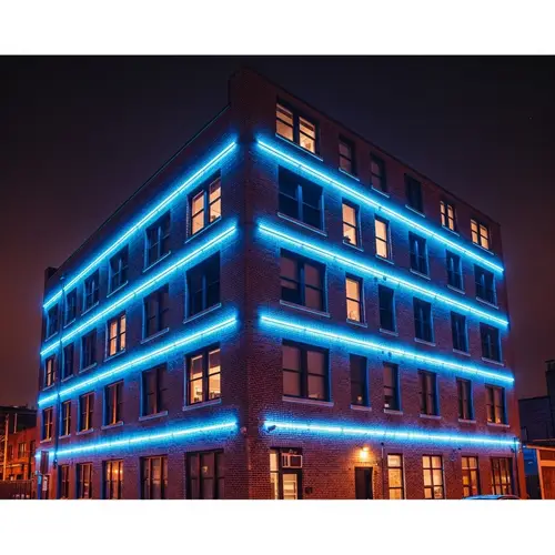 Four Story Building with Striking Strip Lights