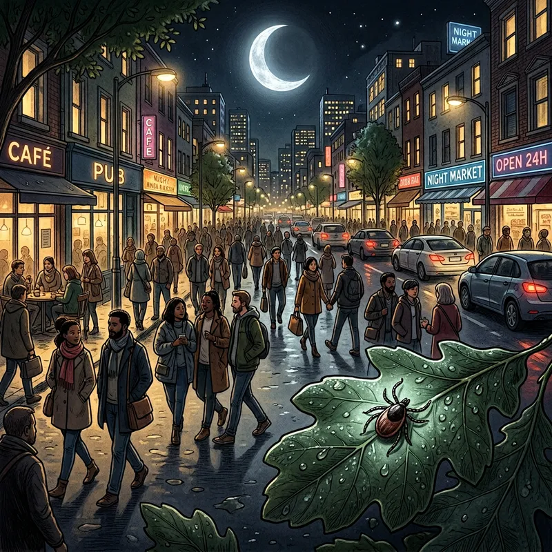 Nighttime Scene: Tick on Leaf Amidst Urban Life Nighttime Scene: Tick on Leaf Amidst Urban Life