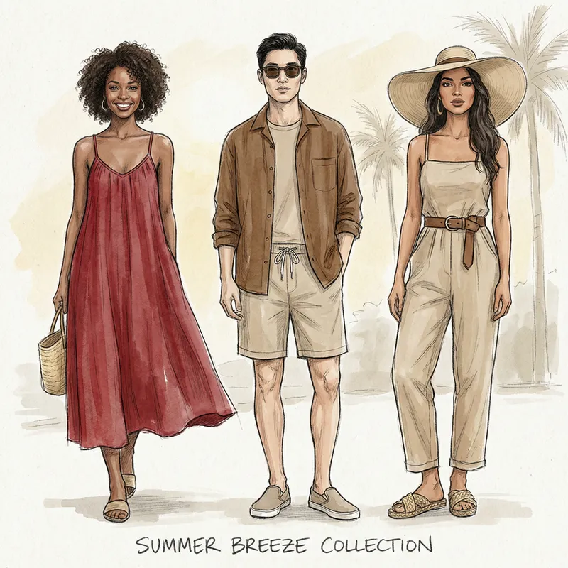 Relaxed Cool Summer Fashion Design Sketch in Red, Brown & Beige