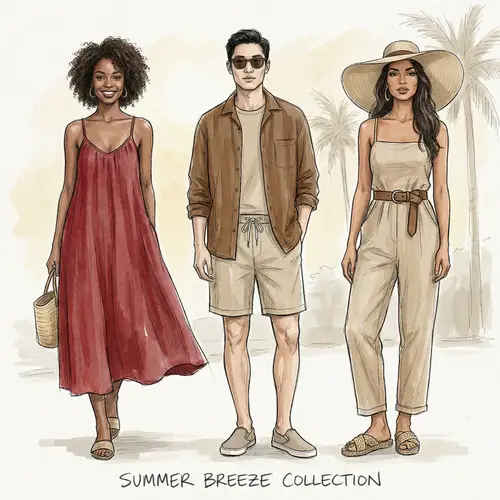 Summer Fashion Design Sketch in Red, Brown & Beige | Diverse Models Outfits