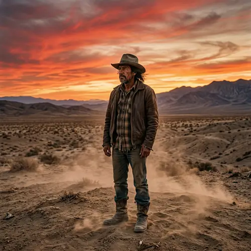 Solitary Man in Vast Barren Landscape at Dusk