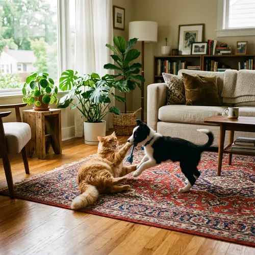 Heartwarming Scene: Playful Cat and Puppy in Living Room