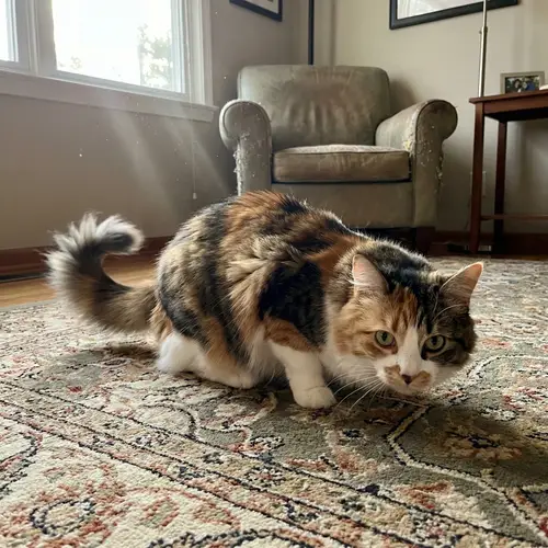 Playful Calico Cat in Comfortable Domestic Setting
