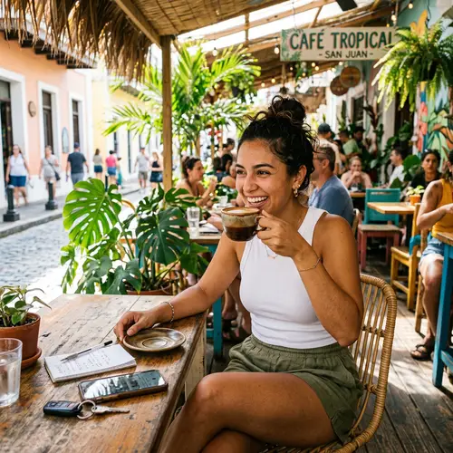 Latina Enjoying Coffee in Tropical Vibe