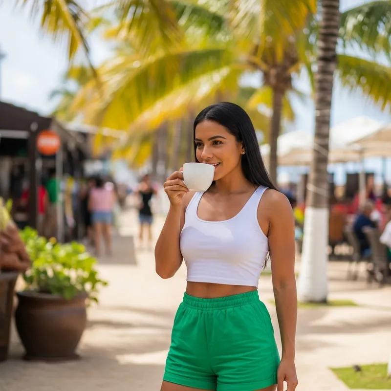 Latina Enjoying Coffee in Tropical Vibe