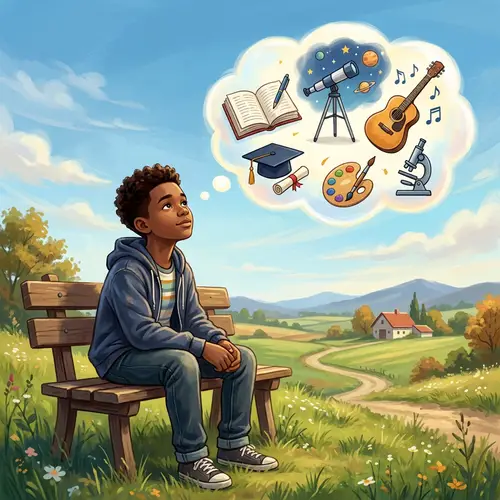 Young Black Boy Contemplating Future Dreams | Tranquil Rural Setting